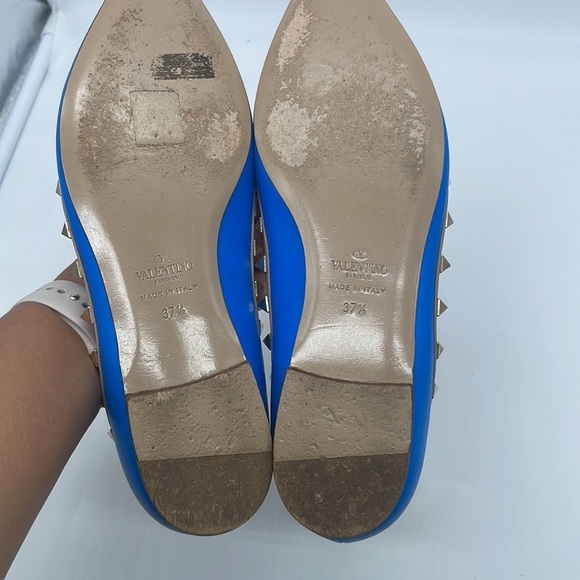 Valentino Garavani Blue leather beige trim Rockstud Ballerina flats 37.5 - Picture 7 of 12
